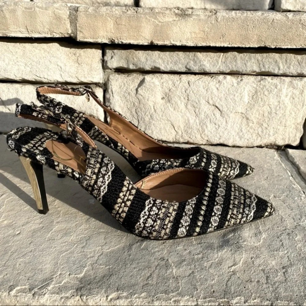 J. Renee black and gold Lacee tweed pointy toe sling back high heel Sz 9